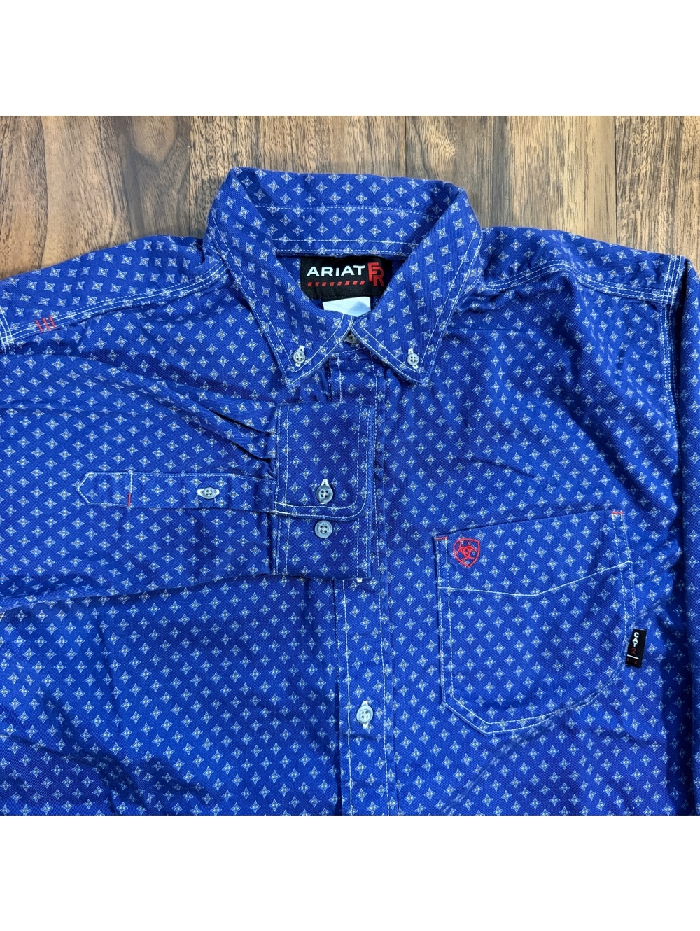 Ariat FR Denali Work Shirt Geo Print Blue Mens L Long Sleeve Button